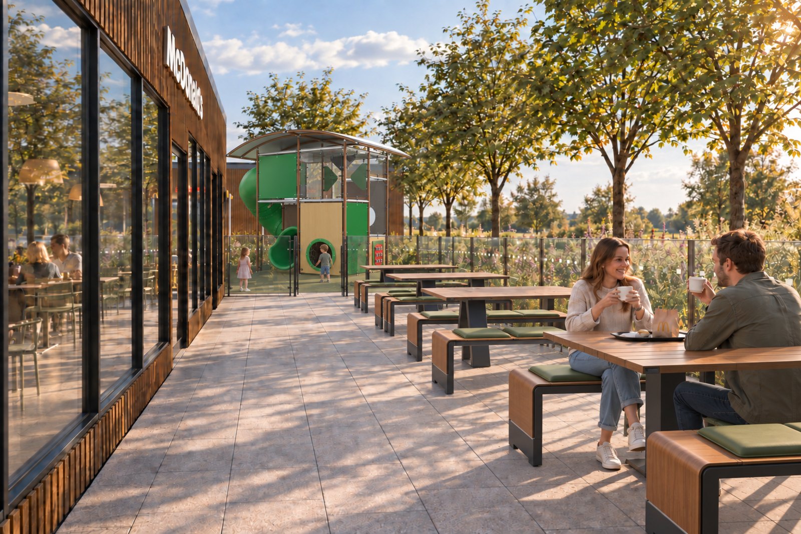 Visualisierung: Terrasse an der Gastronomie bei Abendlicht, Gäste an Holztischen, dahinter Spielplatz und Bäume
